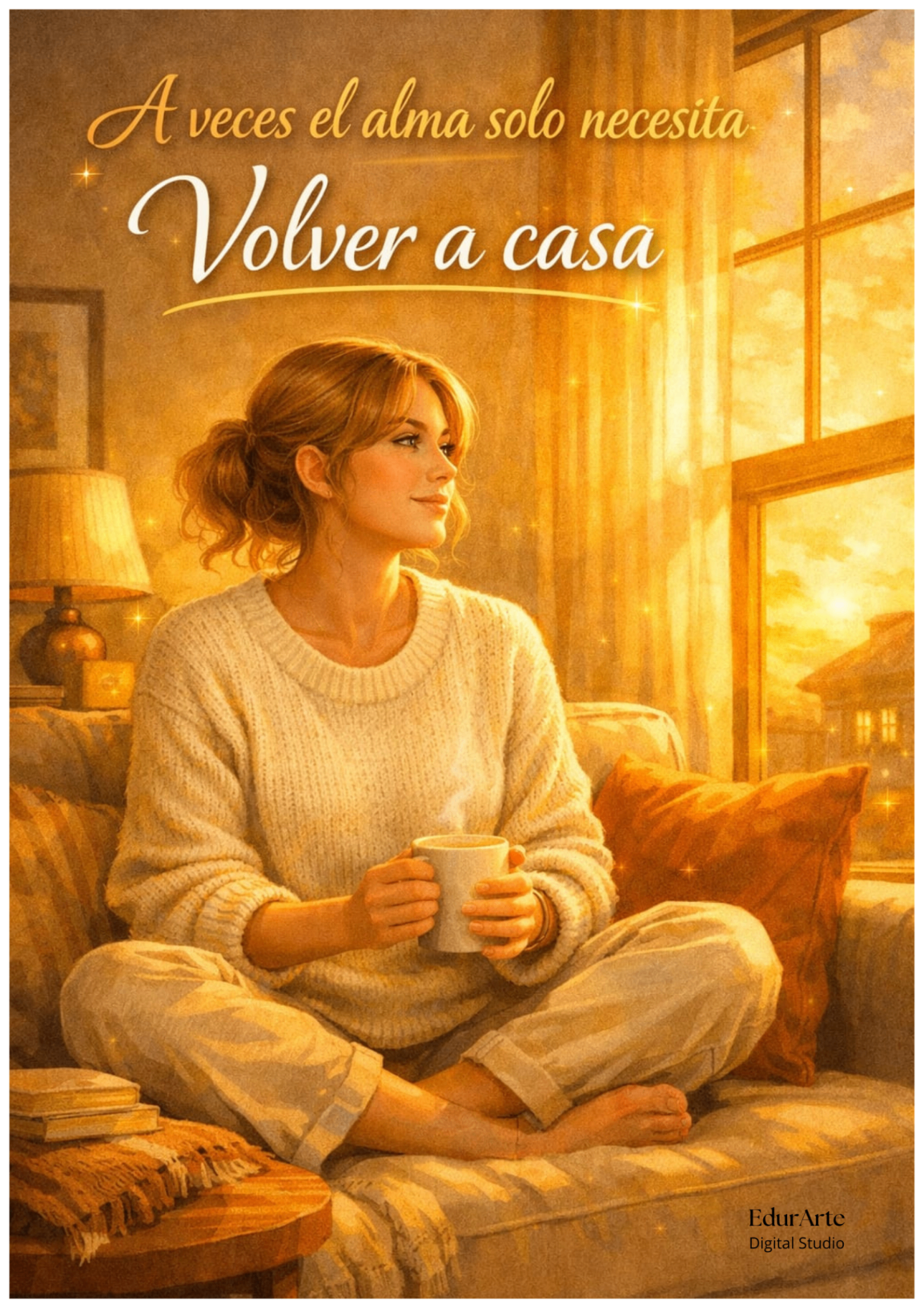 Volver a casa — ilustración digital cálida de una mujer con taza junto a una ventana al atardecer