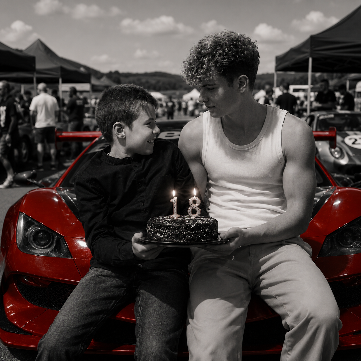 Aimar 18 — composición fotográfica conmemorativa en blanco y negro del mismo rostro en el paso del tiempo, con detalle rojo de un coche