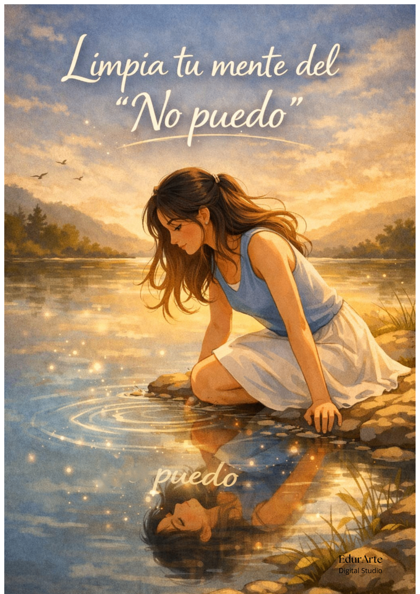 Puedo — ilustración serena de una mujer junto al agua al atardecer, con reflejo simbólico y luz dorada