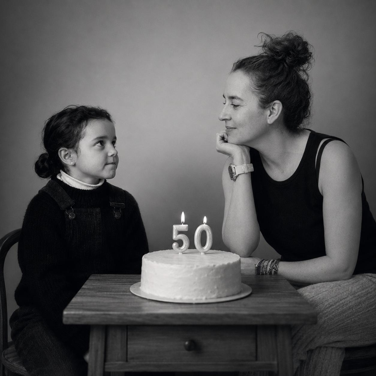 Fotografía principal de La Moñosa: niña y mujer frente a una tarta con el número 50