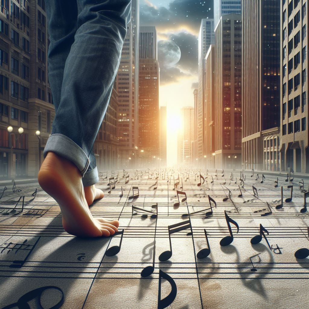Portada conceptual con notas musicales y ciudad