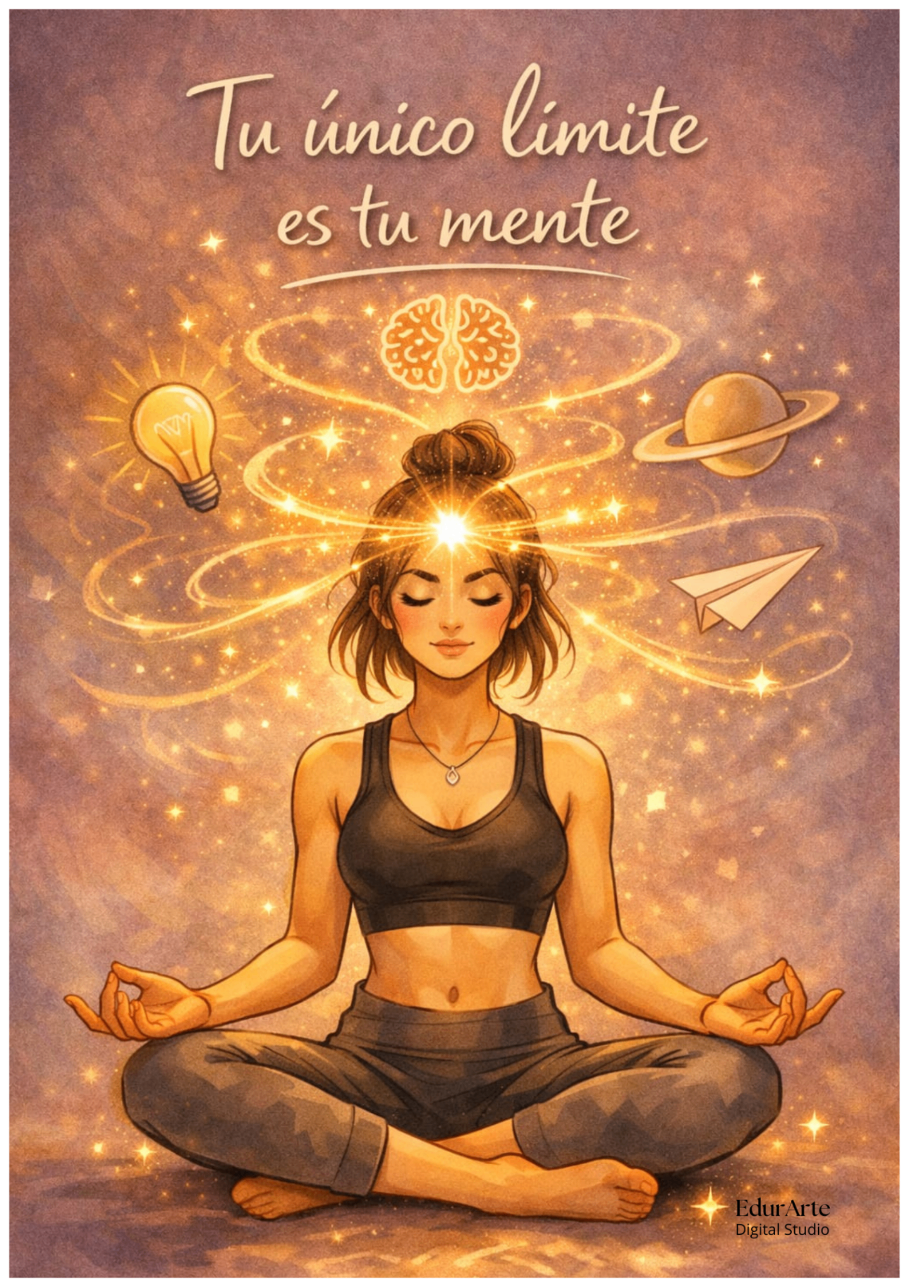 Sin límites — ilustración de una mujer meditando rodeada de luz dorada, símbolos de creatividad y energía mental