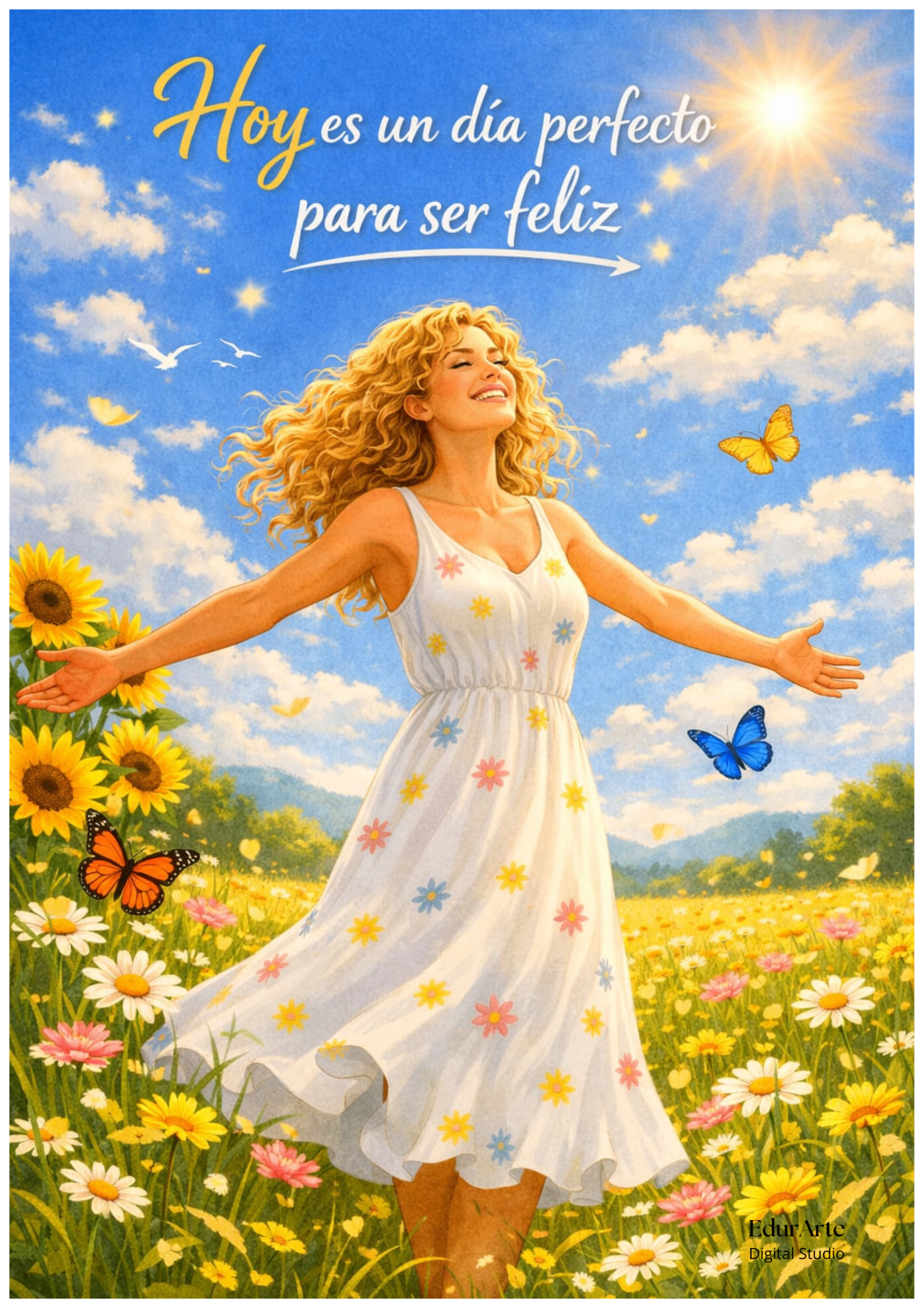 Día perfecto — ilustración luminosa de una mujer feliz en un prado de flores con mariposas y sol radiante